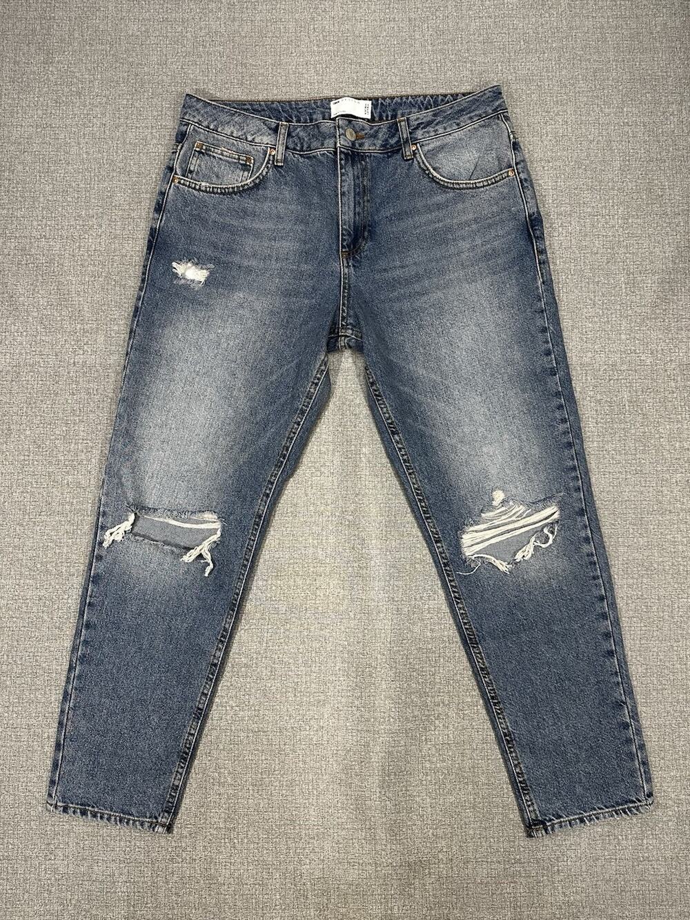 ASOS Design Men’s Distressed Jeans W34 L25.5 Blue Denim Ripped Knee Relaxed Fit